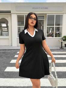Vestido casual de manga corta a rayas para mujer de talla grande - Negro 2 - Ver 4