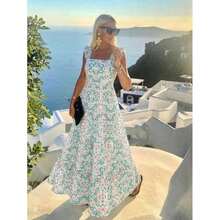 Vestido Casual Mujer Charming Smocked Square-Neck Cami Dress In Pastel Hues With Bohemian Print, A Fitted Shired Bust, And A Full Flared Skirt – A Flirty, Figure-Flattering Pick For Resort Vacations, Evening Parties & Everyday Spicy Elegance. - 藍色 - 查看 11