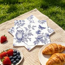80/40/20 piezas Servilletas desechables impresas de 13 * 13 pulgadas en azul y blanco, con blanco como base, combinadas con patrones azules de búhos, flores, mariposas y ramas, adecuadas para mesas de comedor diarias, tardes de té, picnics, fiestas de jardín, reuniones con tema de primavera, fiestas de cumpleaños familiares, banquetes de bodas y decoraciones de restaurantes - Ver 11