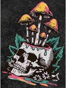 Black Short-Sleeved T-Shirt Made Of 100% Cotton (230 G/M²) With A Vintage Wash - Unisex Oversized T-Shirt With A Retro Graphic Print Of Skulls And Mushrooms, Loose Fit, Crew Neck - 白色 - 查看 2