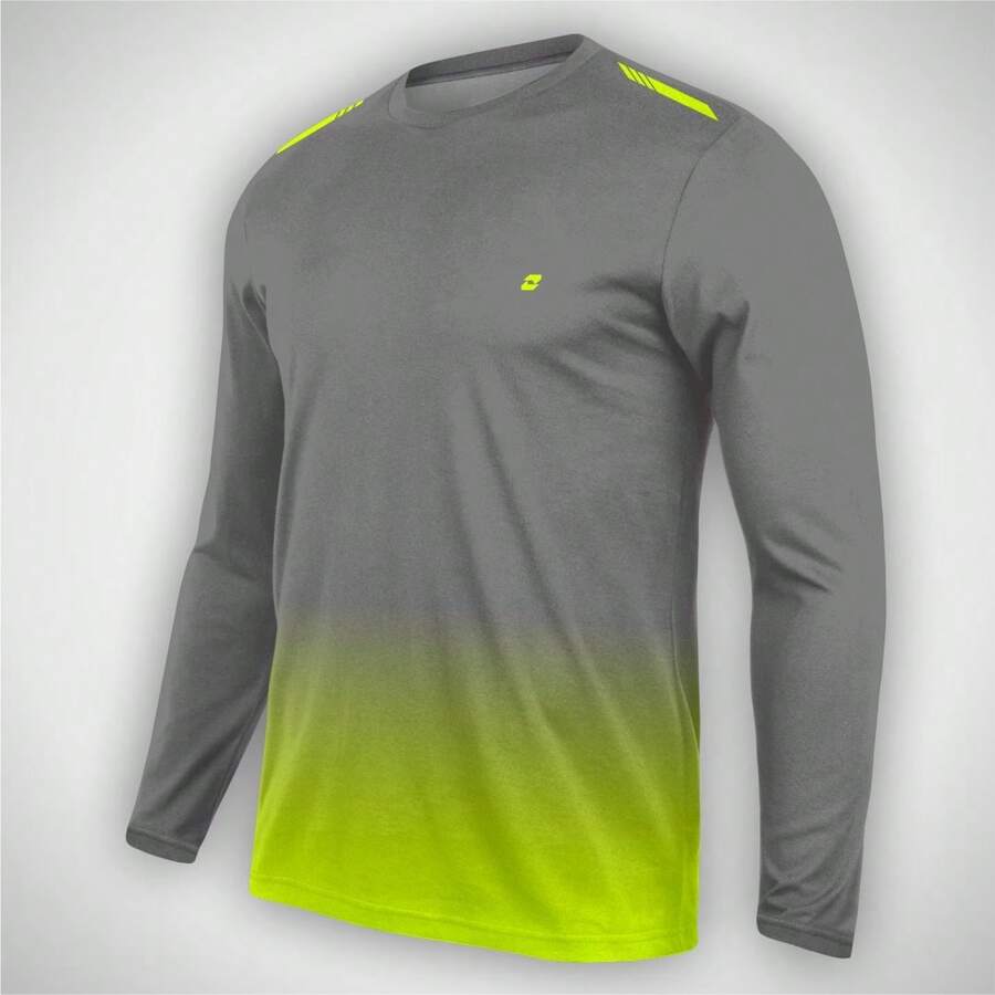 Men's Polyester T-Shirt With A Boat Neck, Long Sleeves, And A Lime Green Gradient Print. - 檸檬 - View 1