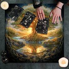 1pc Tarot Element Decorative Tablecloth, Tree Of Life Pattern Printed Tablecloth, Occupying Game Decoration, Edge Embossing Process - Black - View 7