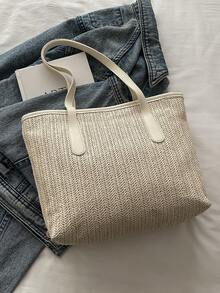 1 Peça Bolsa de Ombro Bege Trançada com Pingente Fofo de Nuvem e Acabamento em Couro PU, Fechamento com Zíper, Estilo Casual de Verão, Adequado para Mulheres, Passeios e Uso Diário - Bege - Visão 6