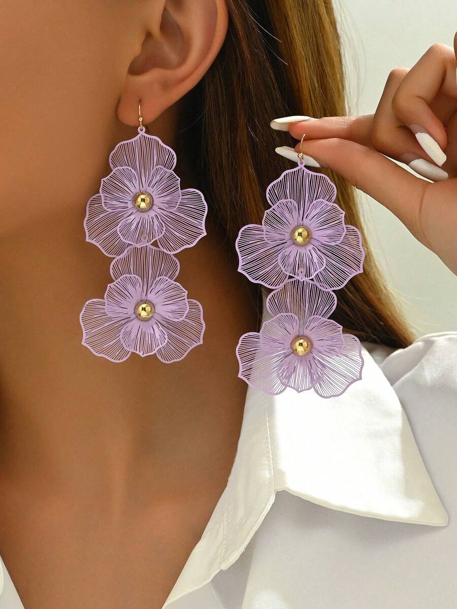 1 Pair Fashion White Double-Layer Flower Earrings, Exaggerated Design Long Multilayer Flower Drop Earrings For Women, Suitable For Daily Wear Valentines - Màu tím hoa cà - Xem 1