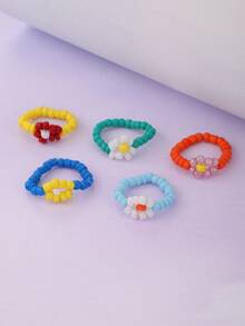 Set de 5 anillos con flores de cuentas de estilo bohemio y colorido, regalo de joyería adecuado para mujeres en vacaciones de playa - 16098 - Ver 4