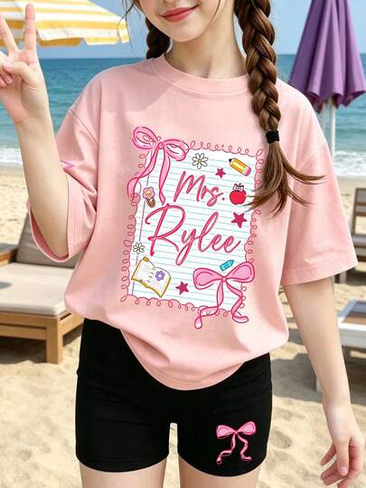 1 Set Camiseta y Shorts para Niñas, Estilo Casual de Calle, Conjunto de Moda, Adecuado para la Escuela, Vacaciones y Uso Diario, Nuevo Conjunto para Exteriores de Primavera/Verano