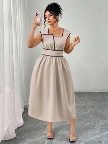 Vestido de mujer talla grande con bloqueo de color, cintura plisada, diseño de cintura ajustada, adecuado para el uso diario - Caqui - Ver 5