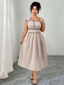 Vestido de mujer talla grande con bloqueo de color, cintura plisada, diseño de cintura ajustada, adecuado para el uso diario - Caqui - Ver 6