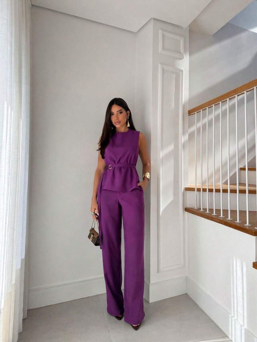 Women's Premium Tailored Set Eden Sleeveless Blouse + Elegant Wide-Leg Pants – ALKABBANY Casual Fabric Composite With Belt Tailored Sets Evening Wedding Office Street Autumn Winter - 瓦 - 查看 1
