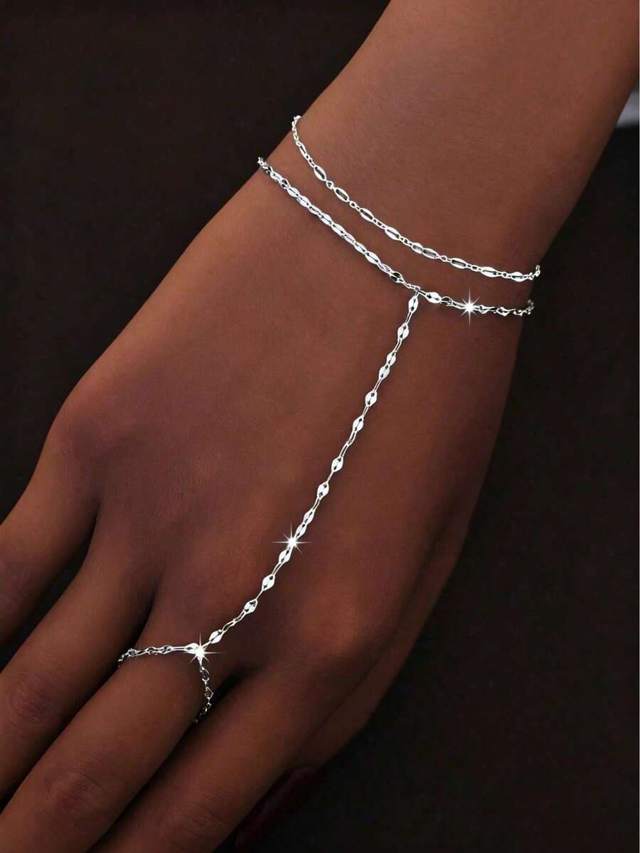 1pc Fashionable Personalized Minimalist Metal Lip-Shaped Double-Layer Linked Finger Ring Bracelet, Versatile, Great Gift Suitable For Daily Wear - Bạc - Xem 1