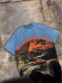 Break The SystemMen's Washed Vintage Crewneck T-Shirt, 100% Cotton 180GSM, Godspeed Highway Car Print, Retro Faded Style, American Streetwear, - 藍色 - 查看 12