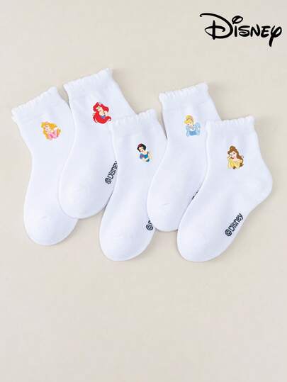 1-5 Pairs Disney Princess Series Cute Mid-Calf Socks, Cinderella, Sleeping Beauty, Belle, Snow White And Ariel Cartoon Patterns, Korean Sweet Style, Unisex, Lightweight Breathable Design Suitable For Spring/Summer