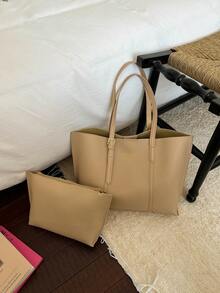 2pcs Women's Solid Color Embroidered Thread Fashion Large Capacity Snap Closure Tote Bag Set - Khaki - View 2
