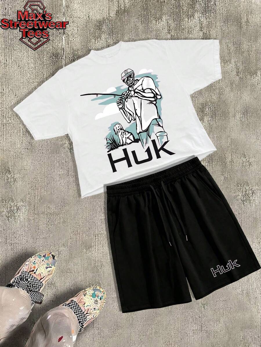 HUK Skeleton Fishing Printed T-Shirt & Shorts Set, American Outdoor Fishing Culture Style Two-Piece Outfit, Summer Casual Sportswear, Loose Couple Set, Unisex - 白色 - 查看 1
