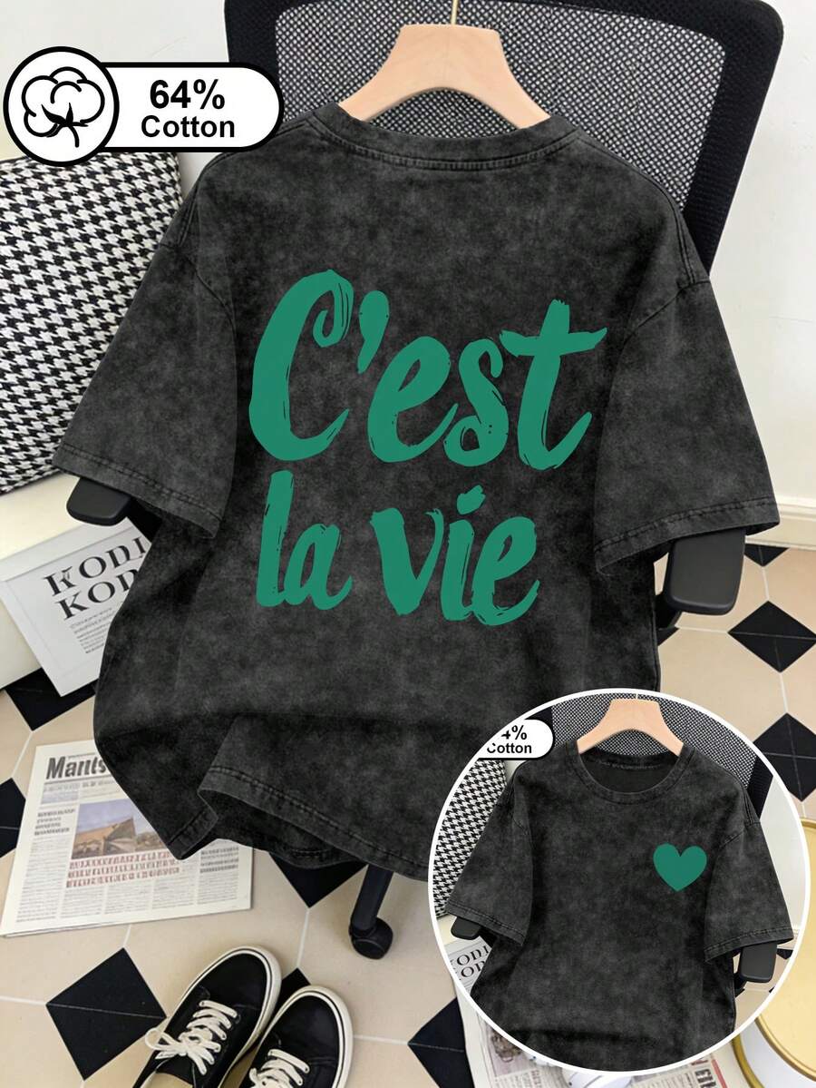 Áo thun nữ cỡ lớn kiểu dáng thường ngày, in hình câu nói tiếng Pháp "C'est La Vie" theo phong cách retro, phù hợp để mặc hàng ngày, đi chơi và làm áo mùa hè. Màu đen. - màu đen - Xem 1