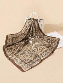 1pc Printed Silk-Like Scarf To Use As Headband, Necktie, Or Daily Accessory Bandana,Hair Band,Head Band Ideal For Dressing Up Your Look - 棕色 - 查看 2