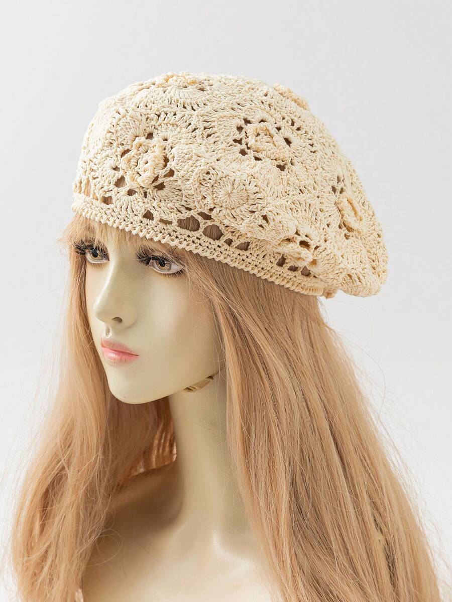 1 chiếc mũ beret nữ thời trang mùa xuân/thu, kiểu dáng rỗng, nhẹ, đan móc thủ công hình hoa hồng, phù hợp với phong cách boho hàng ngày. - A - Xem 1