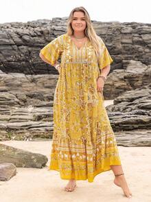 Women Plus Size Floral V-Neck Loose Dress Beach Holiday Summer Party Wedding Season Music Festival Vacation Elegant - 藍色3 - 查看 12