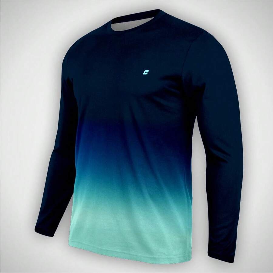 Camiseta masculina de manga comprida com decote canoa, em poliéster com estampa degradê, comprimento regular e tecido sem elasticidade. - DsportA - Visão 1