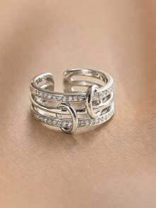 1 pieza Anillo de múltiples capas de tono plateado grueso con circonita cúbica, anillo ancho y abierto de arquitectura de cobre plateado - Plateado - Ver 2