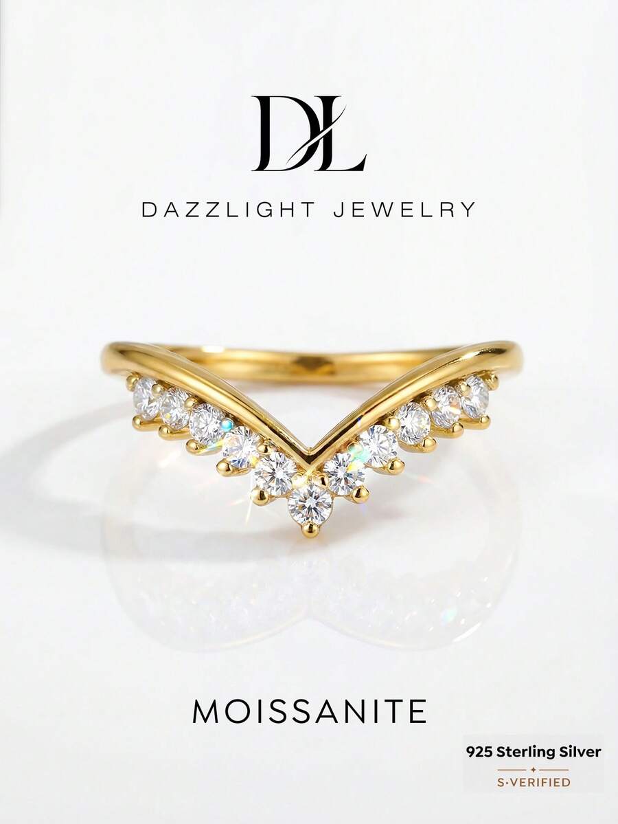 1 chiếc nhẫn đính hôn hình vương miện chữ V tinh tế bằng đá Moissanite, nhẫn cưới sang trọng bằng bạc S925, nhẫn cầu hôn, nhẫn kỷ niệm, quà tặng trang sức cho nữ, quà Giáng sinh. - Nhẫn moissanite kim cương hình chữ V - Xem 1