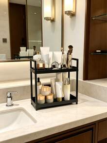 Black & White Dual-Layer Bathroom Countertop Storage Rack, Multi-Functional Organizer For Cosmetics, Perfumes And Accessories, Open Design For Easy Access, Rust-Resistant, Suitable For Home And Office, Great Gift For Christmas, Halloween, Easter, Holiday Seasons - Multicolor - View 9