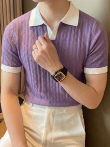 ALTZTAR Men's Contrast Color Short Sleeve Knitted Cable Textured Polo Shirt - Lilac Purple - View 6