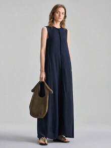Vestido Largo Elegante Sin Mangas con Cuello Volante, Botones Frontales, Bolsillos y Flecos, Perfecto para Look de Verano y Eventos Informales - Azul - Ver 4