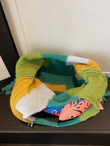 1pc Colorblock Fish Design Large Capacity Shoulder Tote Bag, Fashionable Crochet Bag, Bohemian Style Beach Vacation Daily Use For Women - Green - View 2