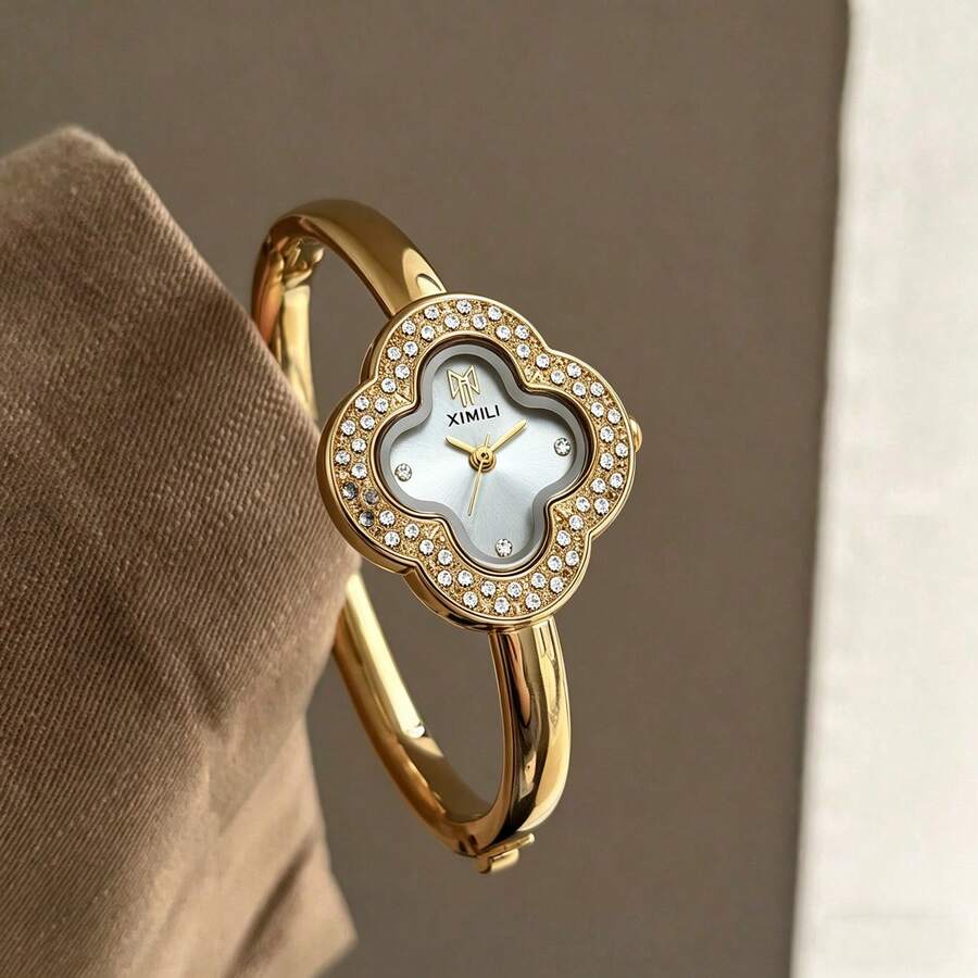 GUANQIN 1 chiếc đồng hồ nữ nhỏ nhắn, cổ điển, màu vàng sang trọng với mặt số đính đá hình cỏ bốn lá, đồng hồ thạch anh bằng thép không gỉ chống nước, thời trang tối giản, thanh lịch, thích hợp để đeo hàng ngày, làm quà sinh nhật, Halloween, Giáng sinh, Ngày của Mẹ, tựu trường, sinh nhật học sinh, ngày lễ, Ngày Valentine, hẹn hò, công việc, lễ hội âm nhạc, đám cưới. - Vàng - Xem 1