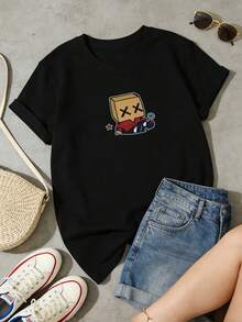 Camiseta de Verano Casual para Mujer, Cuello Redondo, Manga Corta, Estampado Gráfico de Personaje de Dibujos Animados, Ideal para Uso Diario. Blanca. - Negro - Ver 2