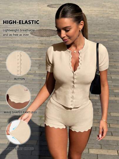 Bộ 2 món gồm áo cardigan dệt kim tay ngắn cổ tròn nhiều nút dành cho nữ, kết hợp với quần short ôm sát cạp chun, kiểu dáng thường ngày cho mùa xuân.