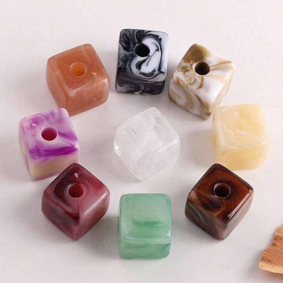 8颗仿玉树脂方珠，大理石纹立方体珠，直孔散珠，适用于DIY珠宝制作、手链、项链、耳环和工艺品 - 彩色 - 查看 1