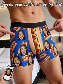 1 pièce Caleçon boxeur personnalisé pour homme avec imprimé visage et hot-dog drôle. Sous-vêtements personnalisés avec photo, cadeau humoristique pour petit ami. - Bleu azur - Voir 2