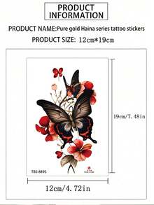 1pc Flower, Butterfly, Rose Temporary Tattoo Sticker, Fashionable Cool Tattoo, Colorful Floral Print Fake Tattoo, One-Time Use, Waterproof Realistic Tattoo Sticker, Suitable For Women's Legs, Waist, Arms, Music Festival Party Supplies - Black - View 5
