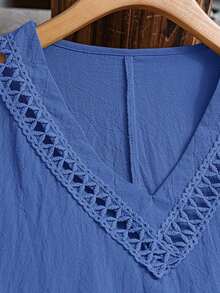 Vestido casual de verano de unicolor con cuello en V y manga corta para mujer de talla grande - azul real - Ver 4