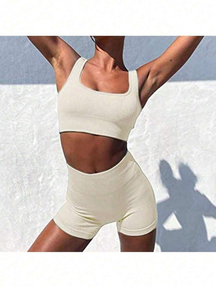 Workout Sets For Women 2 Piece Seamless Ribbed Crop Tank High Waist Shorts Yoga Outfits - Beige - View 1