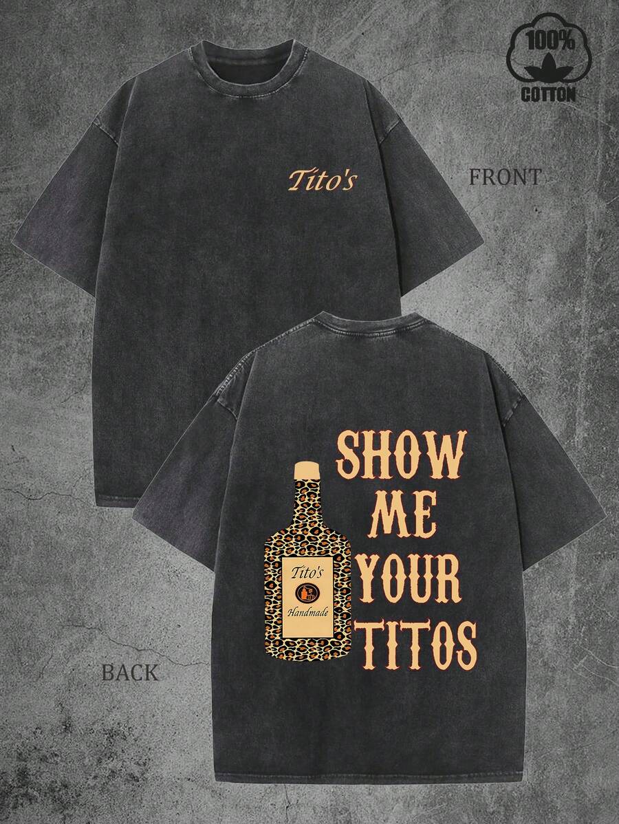 Matching Couple Outfits Tito's Vodka "Show Me Your Titos" Leopard Print Graphic Washed Cotton T-Shirt, Summer Tops, Summer Shirts, Men's Beachwear, For Alcohol Lovers, 230G Washed High Quality Cotton Printed Men's T-Shirts, Men's Summer Clothing, Men's Y2K T-Shirts, Fan Essentials Skin Friendly, Breathable, Suitable For Gatherings And Daily Wear, Retro Street Style, Father's Day Gifts, Is The Best Gift For Friends Who Love Wine Culture, - 黑色 - 查看 1