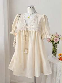 Vestido casual, lindo y retro para fiesta o vacaciones, con cuello en V, encaje, parches, mangas cortas con volantes y cintura con lazo, talla grande - Albaricoque - Ver 5