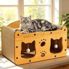 Bubble Fish & Star Moon & Double Cat Head Cat Scratcher, Paper Material Cat Scratching Lounge Designed With Double Layers, The Upper Layer Is Detachable And Unfixed, Double-Level 2-In-1 Cat Bed & Scratcher For Multi-Cat Households Comes With 2 Balls - 均碼 - 查看 1