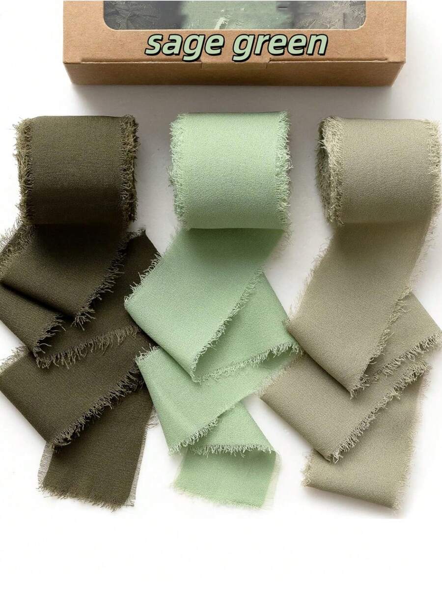 1/2/3卷手工绿色雪纺丝带,带流苏边,尺寸1.5英寸 x 16.4英尺,适用于圣诞装饰、圣诞礼物包装、婚礼请柬、新娘捧花、礼品包装、节日装饰、情人节派对用品 - 鼠尾草綠色系 - 查看 1