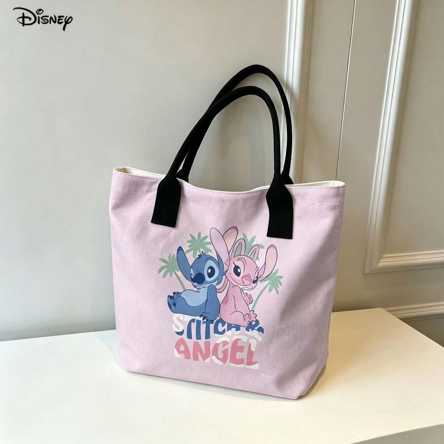 Disney Lilo & Stitch "Stitch & Angel" Tote Bag, Cute Pink Canvas Shoulder Bag For Daily Use - Black - View 1