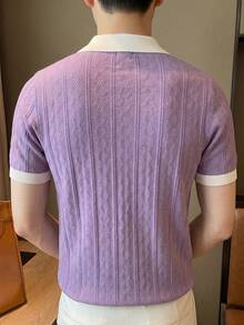 ALTZTAR Men's Contrast Color Short Sleeve Knitted Cable Textured Polo Shirt - Lilac Purple - View 3