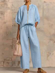 2026 Summer New Women's Casual Loose Solid Color Zipper Round Neck Wide-Leg Pants Set - 孔雀藍 - 查看 3