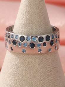 Fashionable Classic Wide Ring Paired With Round Blue Synthetic Zirconia, Exquisite Jewelry For Women's Holiday Parties (Silvery) - Silver - View 10