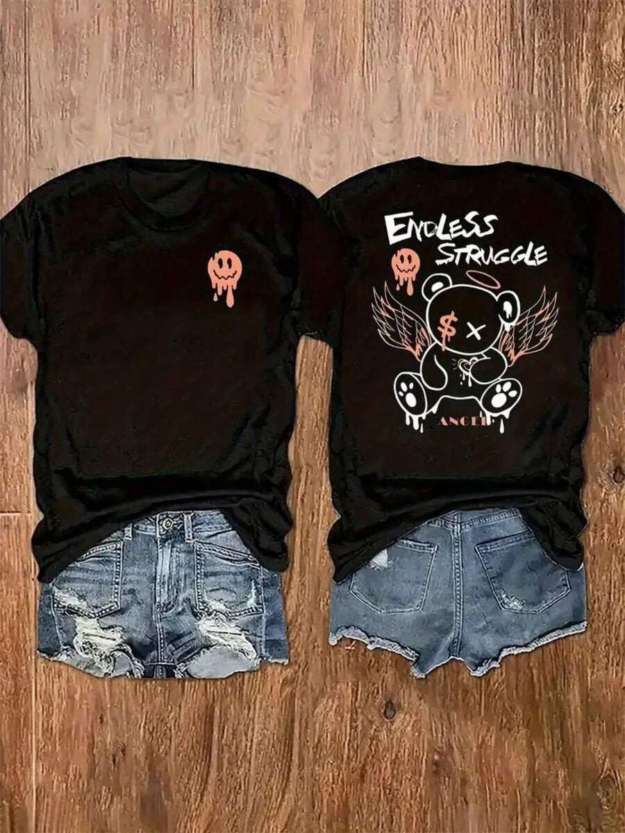 Double-Sided Letter Print T-Shirt, Casual, Round Neck, Short Sleeves, Spring-Summer Casual Fashion, Women's Top. - Black - View 1