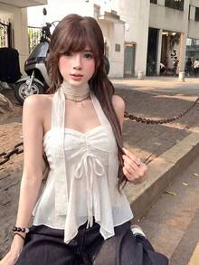 韩版网纱拼接抽绳系带露脐上衣配围巾，女士休闲夏季款 - 杏色 - 查看 4