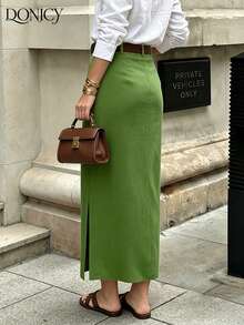 DONICY Women's Green Linen Mid-Length Skirt With Side Slit, Textured Fabric, Suitable For Office Work And Casual Wear In Spring - Green - View 2