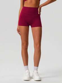 Sodalemon Women's Seamless Casual Butt-Lifting Solid Color Yoga Running Sports Shorts - Red - View 5