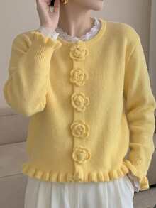 JIANHU Spring New Floral Button Frayed Knit Cardigan, Women Loose Sweet Elegant Jacket, Versatile Long Sleeve Sweater - Yellow - View 1